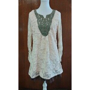 A'reve Women's Sz M Brown Beige Lace-Overlay Prairie Dress Cottage LagenLook